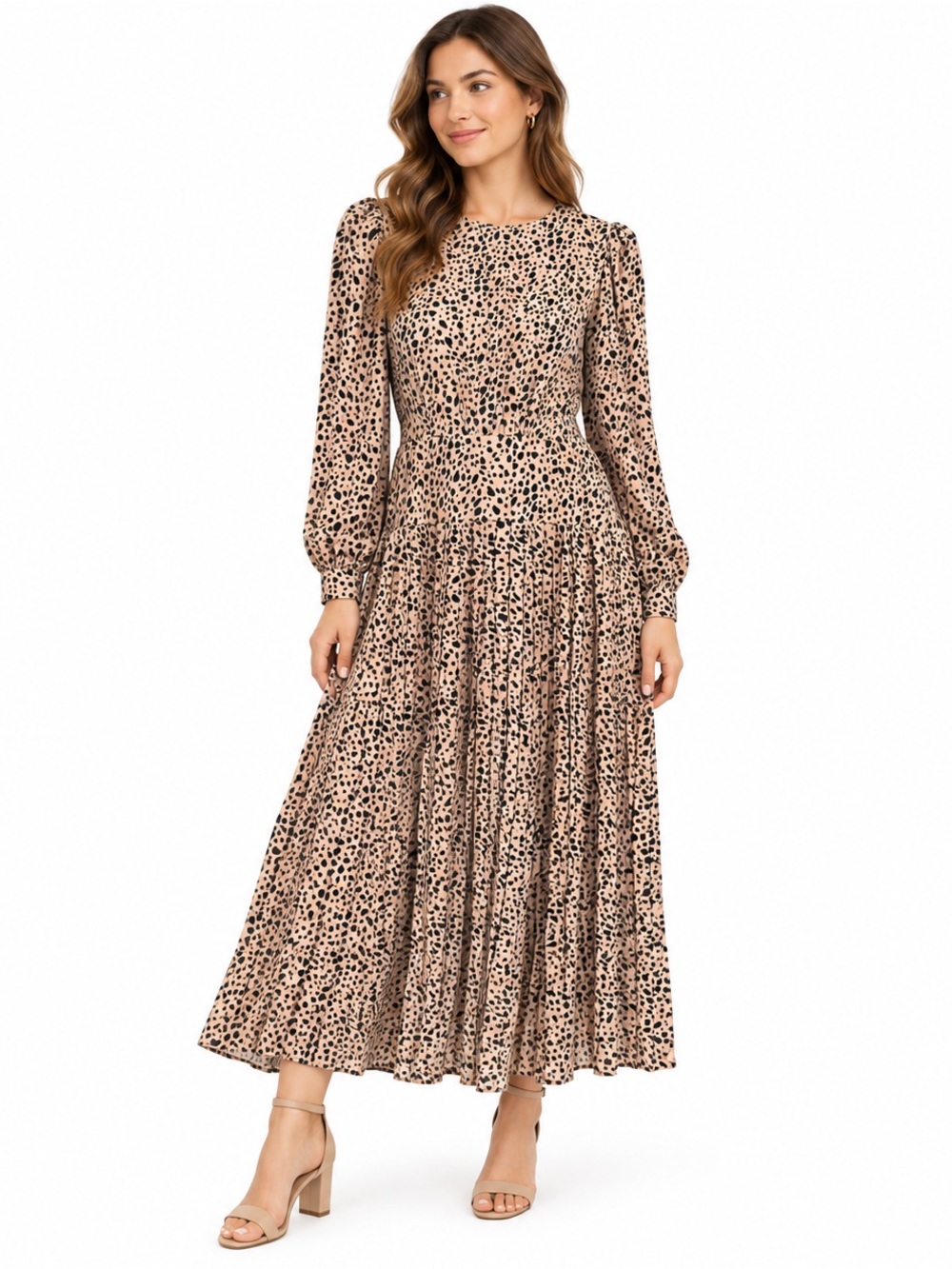 Pinch Cheetah Leopard Print Pleated Midi Dress Long Sleeve Size Large